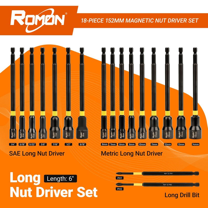 18-Piece Long Magnetic Nut Driver Set for Impact Drill, SAE