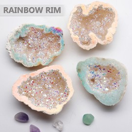 Yougoals Natural Geode Quartz Crystals,Rainbow Titanium Coated Quartz Specimen,White Geode Rainbow Crystal Cluster Natural Crystals and Healing Stones Decor 1PK Angel Aura Quartz