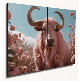 The Plum Penguin Majestic Pink Fur Minotaur Wooden Wall Art – Pastel Meadow Decor A4 MDF Panels Canvas Alternative 40 x 30cm