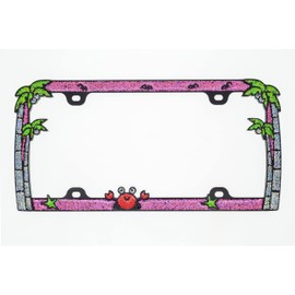 Creathome 3D Shining Palm Trees Crab License Plate Frame from Pure Zinc Alloy Metal Perfect Plate Holder, Matt Black with Pink Glitters
