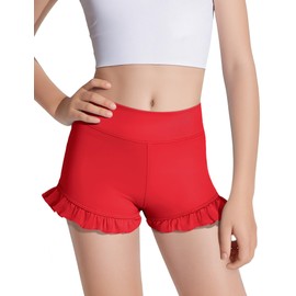 HASMES Girls Athletic Ruffle Shorts High Waisted Biker Shorts Dance Yoga Gymnastics 5-14Y Red