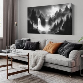 HUBOSKN Waterfall Pictures Wall Decor for Living Room - Mountain Wall Art for Office - Black and White Canvas Wall Art for Bedroom Size 24" x 48"