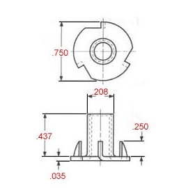 T-NUT 8-32 X 7/16" Length, 4 Prong, Steel, Press-in Threaded Insert for Wood OR Plastic. (Pack of 25)