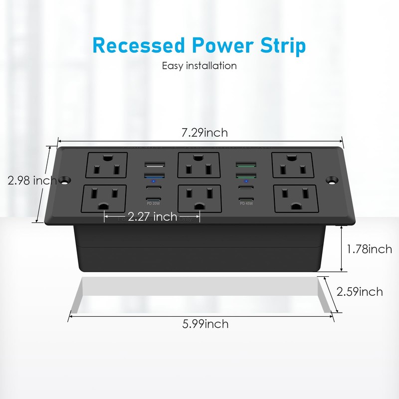 Recessed Power Strip with 45W USB C, Furniture Desk Flush