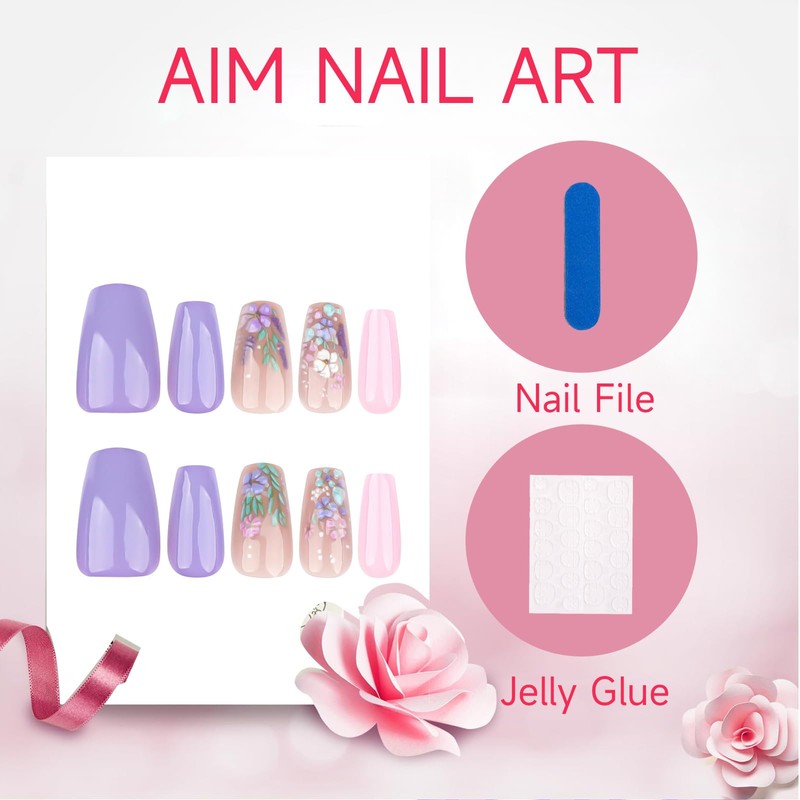 Shimmerz 24 Stück Französische Blumen Pressnägel Sargform mittlere falsche Nägel