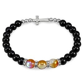 Hematite and Glass Elastic Rosary Bracelet with Cross
