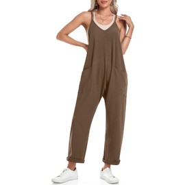 TARSE Womens Jumpsuits Casual Summer Baggy V Neck Rompers Sleeveless Loose Adjustable Spaghetti Strap Overalls Jumpers with Pockets 2024(Coffee,M)