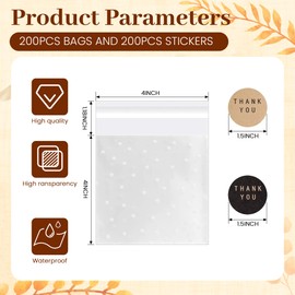 YunKo 200 Pack Self Sealing Clear Cookie Bags with Polka Dots & Thank You Stickers – 4x4 Inch Resealable Treat Bags for Cookies, Candy, Chocolate, Bakery Goods, Party Favors