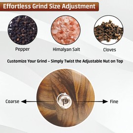 Wooden Salt and Pepper Grinder Set 2 Pack – Adjustable Coarseness, Acacia Wood Mills with Ceramic Core, Includes Matching Tray and Spoon, 8 Inch Refillable Shakers for Kitchen and Dining