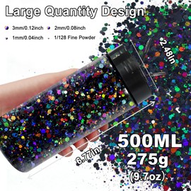 Renfio Chunky Glitter, 275g Resin Glitter Metallic PET Flake Mixed Fine Powder Face Glitters for Craft Resin Snowgloble Tumbler Festival Painting Hair Body Roses - Laser Black
