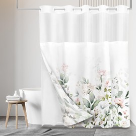 Tititex No Hooks Snap in Liner Blush Pink Floral Shower Curtain Sets, Hotel Luxury Double Layers Waterproof Fabric & See-Through Top Window Bathroom Decorative 72x72 Inch