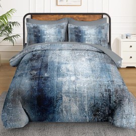 WeCozy 7 Pcs King Size Comforter Set with 2 Pillowcases & 2 Shams, Blue Grey Painting Bedding for Kids and Adults, Contemporary Abstract White Bed in a Bag with Flat Fitted Sheet