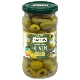 Kattus - Green Hojiblanca Olives without Stone - Ready-to-Eat, Pitted Spanish Olives, Inlaid in Spicy Brine, for Salads, Pasta, etc. - 340 g in a Glass