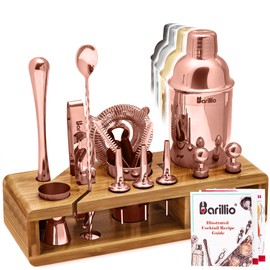Barillio Rose Gold Bartender Kit - Stainless-Steel Cocktail Shaker Set w/Bamboo Stand - Mixology Bar Tools w/Drink Shaker, Mixer and Muddler for Cocktails - Home Bar Accessories - 23-Pc Bar Set
