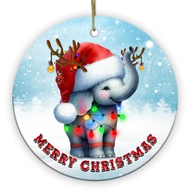 Decorlion 2024 Christmas Ornament - Elephant Merry Christmas Ceramic Ornament, Christmas Tree Decoration, Hanging Ornament, for Family, Friends, Elephant Lovers