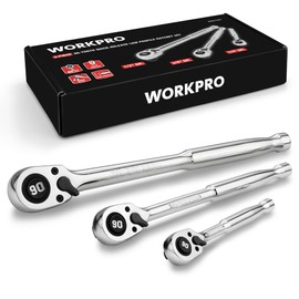 WORKPRO 3-Piece Low-Profile Drive Ratchet, 1/4", 3/8", 1/2" 90-Tooth Quick-Release Ratchet Wrench, Reversible, 4° Swing, CR-MO Compact Drive Head, Full Polished, Gifts for Men
