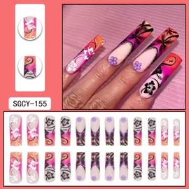 Press on Nails Long Coffin Shaped Glossy Full Cover Acrylic Square Long False Nails with Designs Artificial Extra Long Coffin Fake Nails with Charm Glue Stick on Fingernails for Women Girls(SGCY155)