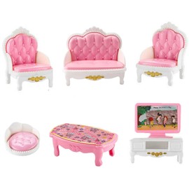 KARLOR Puppenhaus Möbel Set Wohnzimmer, 7 Stück Miniatur Möbel Set, Sofa Sessel Tisch Fernsehen Kissen Couchtisch, Puppenhaus Zubehör Deko 1:12 Puppenhaus Dollhouse Deko Puppenmöbel Rosa（Wohnzimmer）