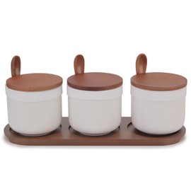 Kitchenexus Set of 3 Sugar Bowls with Lids and Spoons, Ceramic Spice Storage Jar with Wooden Lids and Spoons for Kitchen, 250ml Sugar Jar White