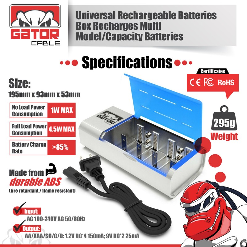 Gator Cable Universal Rechargeable Battery Charger For AA AAA C