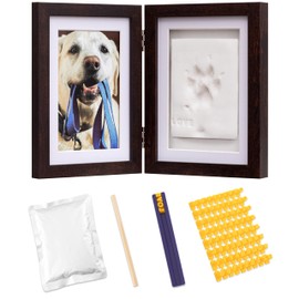 Sunolga Dog or Cat Paw Print Pet Keepsake Picture Frame with Clay Imprint Kit, Dog Memorial Gift 4" x 6" Photo Frame for Pet Lovers, Walnut