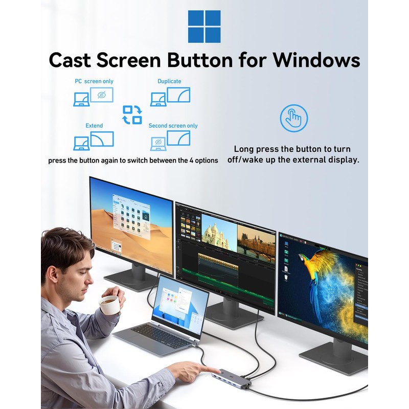 13-in-1 USB C Docking Station Triple Monitor,[One-Touch Screen Switching], USB