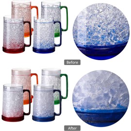 Doytn Double Wall Gel Frosty Freezer Ice Mugs Clear 16oz Set of 4 (Blue, Red, Orange and Green)