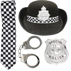 Woman Police hat with Hand Cuffs, Police Badge and Check Tie Fancy Dress WPC Outfit