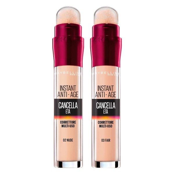 2 x Maybelline New YorkAge-Erasing Liquid Concealer in Colours 03 Fair and 02 Nude with Goji Berries and Haloxyl Covers Dark Circles and Small Wrinkles