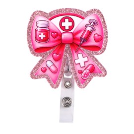 Pink Bow Badge Reel, Acrylic Nurse Badge Reel Retractable Alligator Clip Cute Bow ID Card Holder for Nurse Hospital Worker Student Teacher Worker