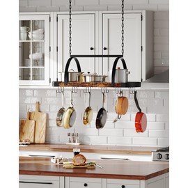 CHOEZON Hanging Pot Rack, Pot Hanger for Kitchen, Ceiling Mounted Pot Holder, Cookware Organizer with 18 S-Shaped Hooks, for Pot, Pan Storage, Space-Saving, Rustic Brown and Black TPR18BF