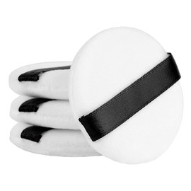 Cosluxe Pro Powder Puff, Ultra Soft Washable Velour Fluffy Body Powder Puffs with Ribbon, Pure Cotton Round Makeup Puff, for Loose Powder Mineral Powder Body Powder, White (pack of 3, midiam)