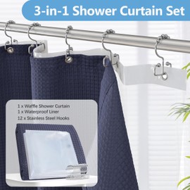 VANZAVANZU All-in-One Shower Curtain Set for Bathroom Enhanced 3D Waffle Fabric Shower Curtain with PEVA Waterproof Liner & 12 Upgraded Anti-Fall Hooks Heavy Duty Bath Tub Curtain 72"x72" (Navy Blue)