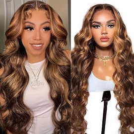 28 Inch Ombre Lace Front Wig Human Hair 180% Density 13x4 P4/27 Highlight Lace Front Wig Human Hair Honey Blonde Lace Body Wave Frontal Wigs for Black Women with Natural Hairline
