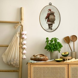 QZQE Christmas Santa Oval Wall Art Decor Framed, Vintage Snowy Winter Xmas Oval Canvas Prints, Rustic Cozy Seasonal Holiday Winter Wall Hanging Decor for Home Bedroom Living Room, 8.6x11.4 Inch