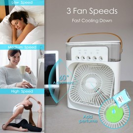 NTMY Portable Air Conditioner Fan, Mini Evaporative Air Cooler with 7 Colors LED Light, 1/2/3 H Timer, 3 Wind Speeds and 3 Spray Modes for Your Desk, Nightstand, or Coffee Table