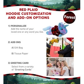 DolliBu Friday Blue Unicorn Stuffed Animal with Plaid Red Hoodie Sweater and Personalization - Plush Lumberjack Stuffed Toy with Plaid Jacket Dress Up for Christmas, Holiday, Winter - 10.5 Inches