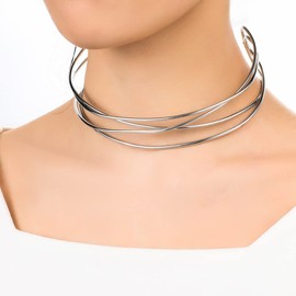 Yocoyee High Polished Simple Wire cCuff Chunky Necklace Punk Women Bohe Bohemian Statement Jewelry Collar Bib Fashion Costume Jewelry Gift-Wire Silver