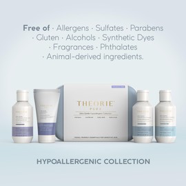 THEORIE PURE Travel Size Toiletries Set - Hypoallergenic Shampoo, Conditioner, Body Wash & Body Scrub - Fragrance-Free, No Sulfates or Parabens - Clean Beauty Essentials for Hair & Skin
