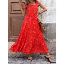PRETTYGARDEN Summer Dresses for Women 2025 Sleeveless Spaghetti Strap Long Floral Maxi Dress Boho A Line Beach Sundresses(Red Flower,Large)