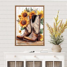 MEIYUDA Cowboy Boot Diamond Painting Kits for Adults, 5D Sunflower Flowers Boot Diamond Art Kits for Beginners, DIY Gem Art Crystal Painting for Home Wall Decor and Present 12x16inch