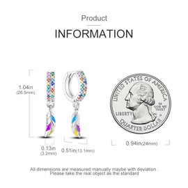 Parmuz 925 sterling silver hoop earring for woman Dangle Drop Boho vintage Feather Dangling Earring set purple Dream Catcher Simple Small Huggie earring Jewelry Gift, Sterling Silver, Cubic Zirconia