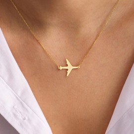 HANLI Gold Dainty Pendant Nekclaces - 14K Gold Plated Airplane Charm Necklaces for Women Simple Jewelry Womens Nekclace Trendy