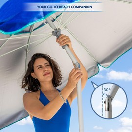 AMMSUN 7ft Heavy Duty HIGH Wind Beach Umbrella with sand anchor & Tilt pole Sun Shelter, UV 50+ Protection Outdoor Sunshade Umbrella with Carry Bag for Patio Garden Beach Pool Backyard Blue