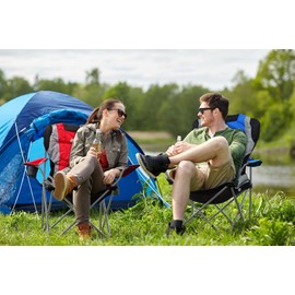 GigaTent Blue Folding Camping Chair – Ultra Lightweight Collapsible Quad Padded Lawn Seat with Full Back, Arm Rests, Cup Holder and Shoulder Strap Carrying Bag – Powder Coated Steel Frame