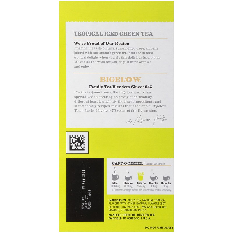 Bigelow Unsweetened Iced Tropical Green Tea Keurig K Cup Pods,