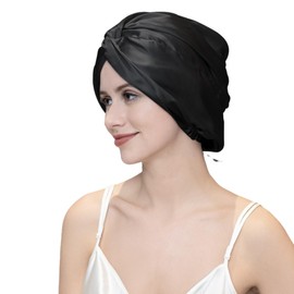 100% Mulberry Silk Reversible Sleep Bonnet – 22 Momme, Double-Layer Hair Wrap & Night Cap for Women (Black)