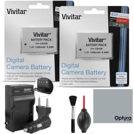 Vivitar LP-E8 Battery and Charger Kit for CANON REBEL T5i T4i T3i T2i, EOS 700D 650D 600D 550D DSLR Bundle with 2 Vivitar Rechargeable 1300mAh Li-ion Batteries, AC/DC Vivitar Travel Charger, MagicFiber Lens Cleaning Kit