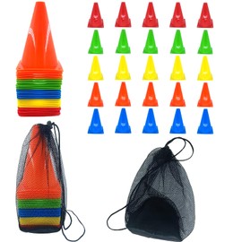 niuniaj Pack of 25 Cones for Football, Children's Pylons, Football Training Accessories, Marker Cones for Indoor and Outdoor Sports, Football Hat Set with Carry Bag, Height 18 cm (5 Colours)