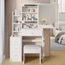 29.2" Small Space Left Bedside Cabinet Vanity Table + Cushioned Stool, Extra Large Right Sliding Mirrorcolor: White + MDF + American Design-2